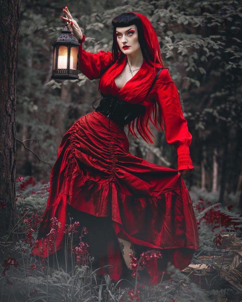 Scarlet Darkness Renaissance Maxi Skirts for Women Steampunk Victorian Skirts Hig-Low Pirate Costume Wine S - Image 4
